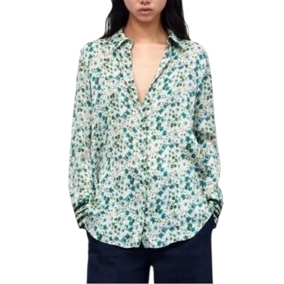 Zara Green & Blue Floral Print Crinkly Oversized Button Down Shirt - L - Picture 1 of 15